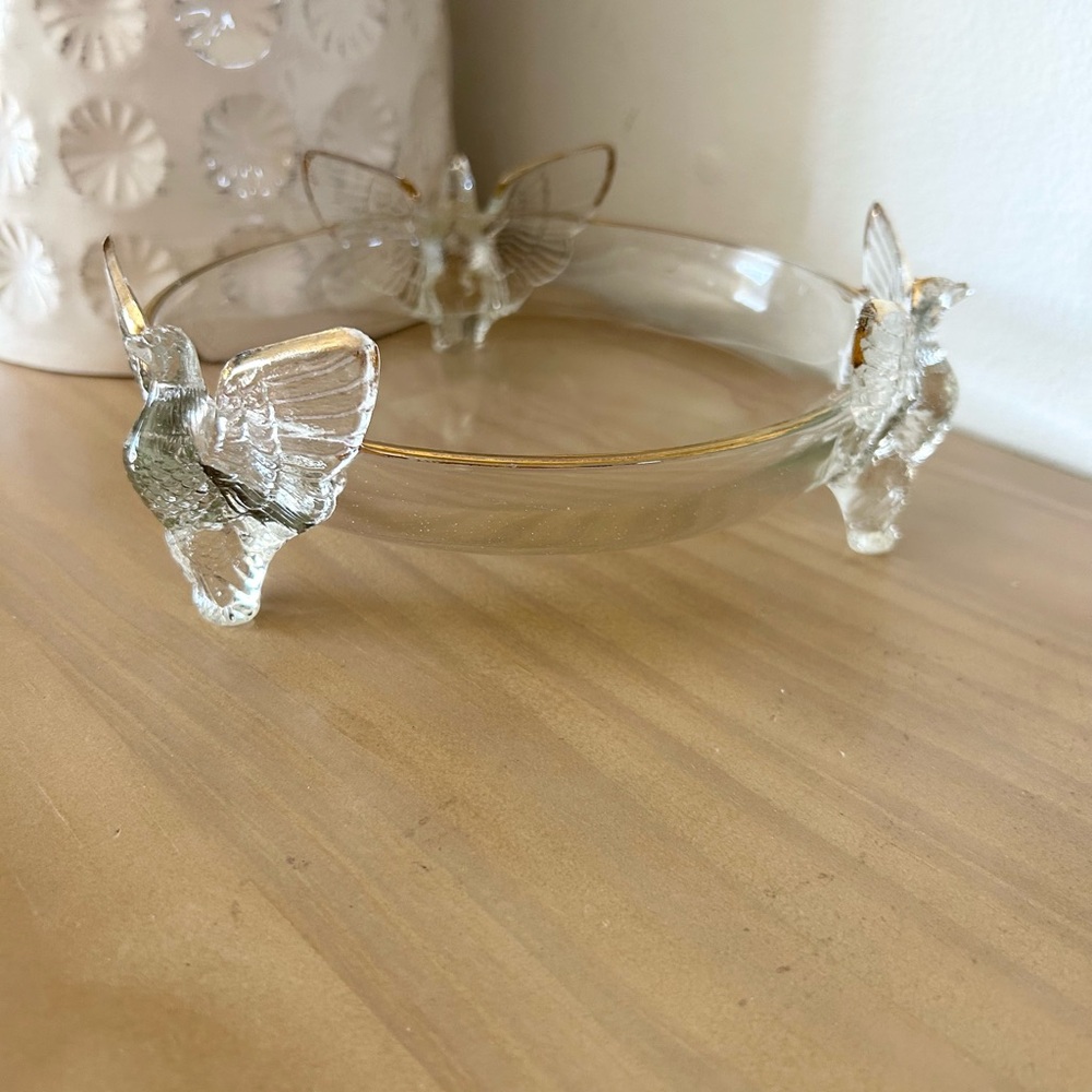 Vintage Mid Century 3 Eagle Footed Glass Dish with Gold Accents
